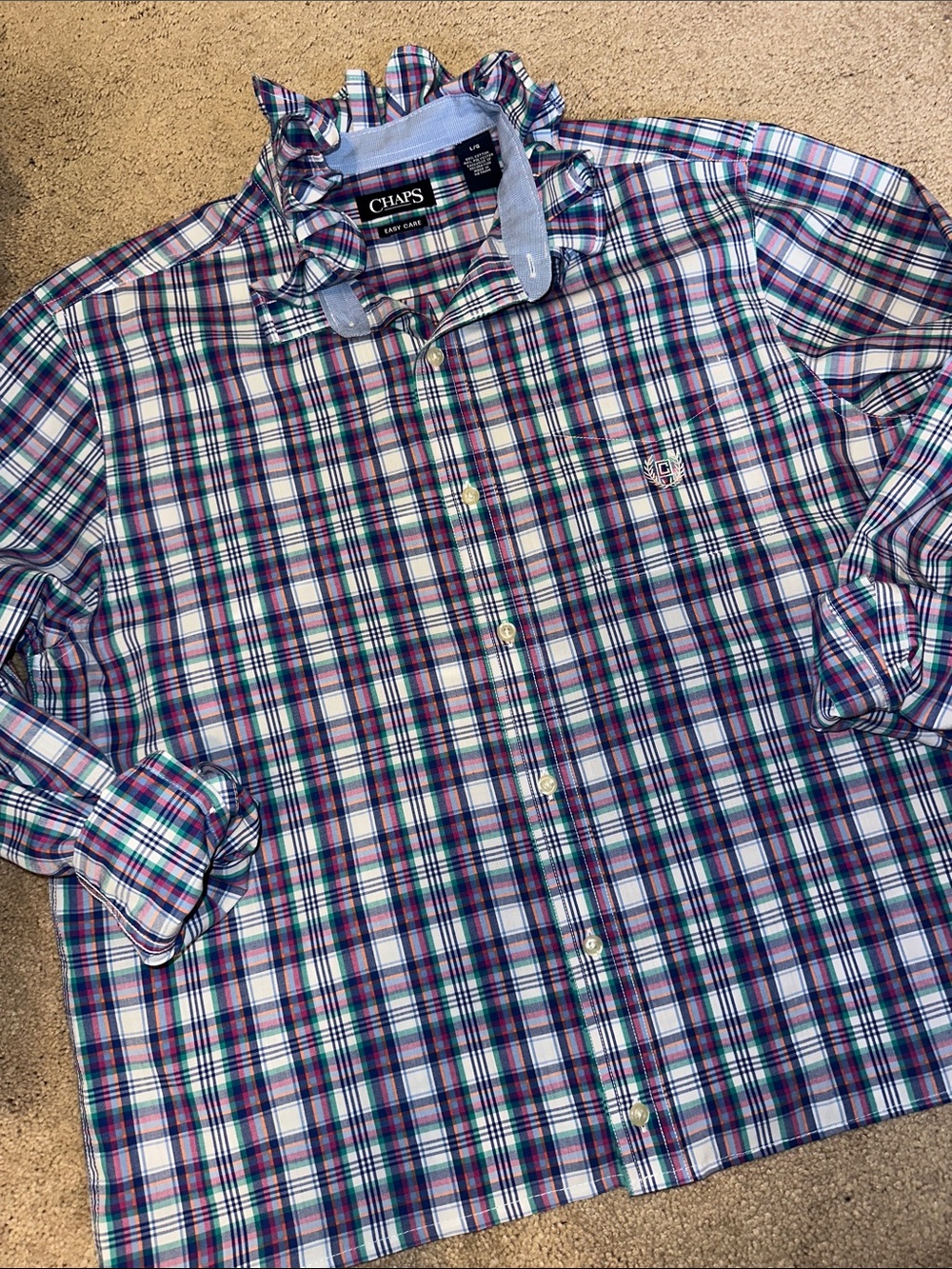 Chaps Plaid Tuffled collar Button-Down Shirt in Blue, Purple and White